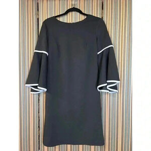 Elegant Black Bell Sleeve Dress with White Trim Detail Cocktail Office Wear